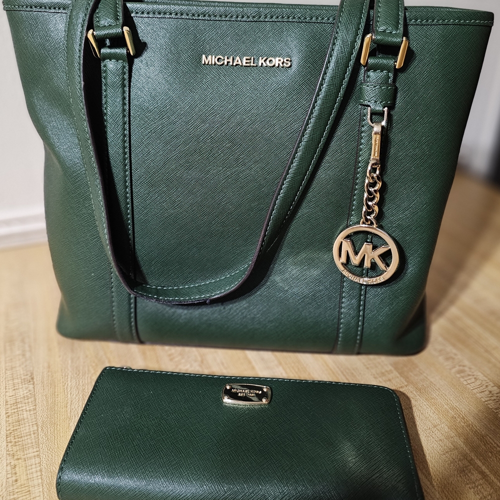 Michael Kors Green Saffiano Leather Tote with Signature Charm And Wallet